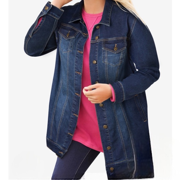 Women Within | Long Stretch Denim Jacket in Midnight Standard Size 34W - Picture 1 of 6